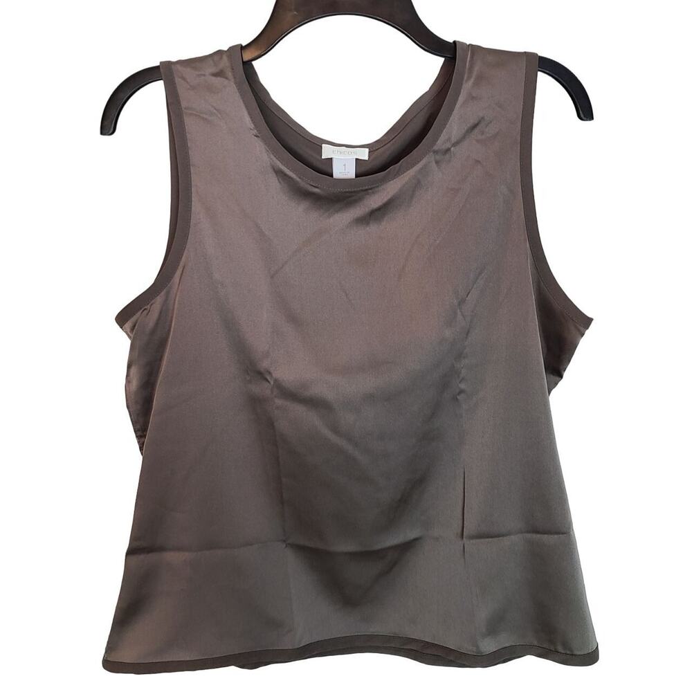 Chicos Travelers Tank Size M Satin Mochachino Crepe Top Classic Chocolate Brown